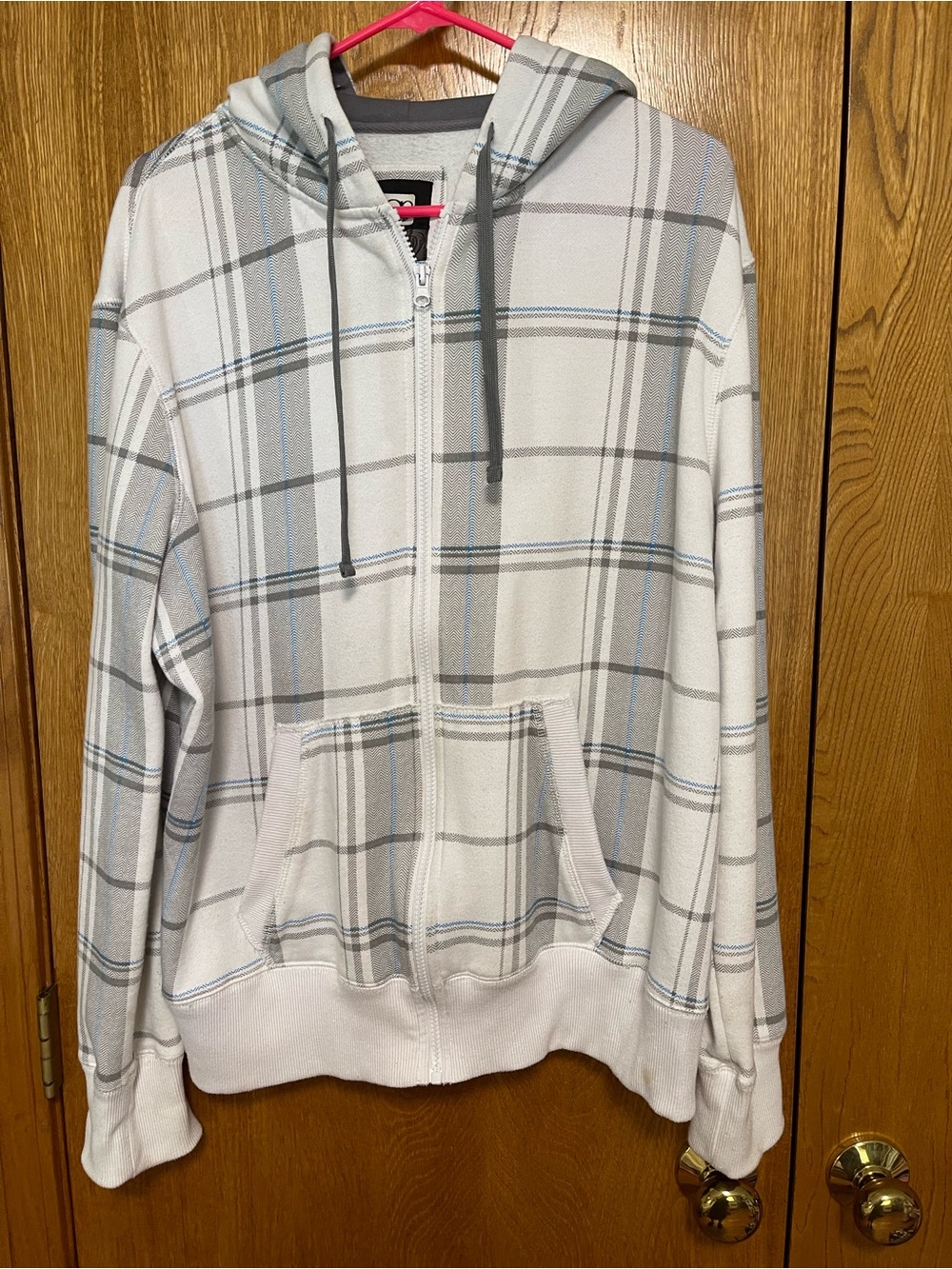 OP Men's White Plaid Zip-Up Hoodie with Gray and Light Blue Stripes
